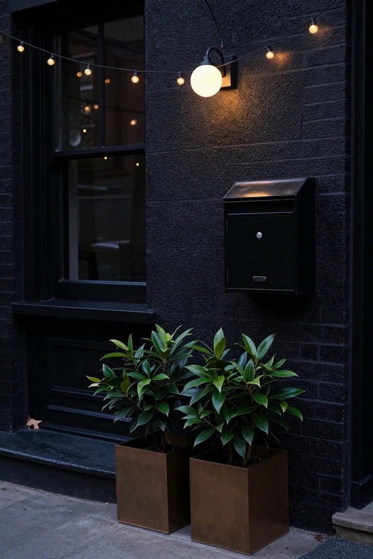 Black brick house exterior at night featuring string lights draped along the wall, a white globe wall sconce, black front door and window, metal mailbox, and two potted green plants in bronze square pots beside the steps.