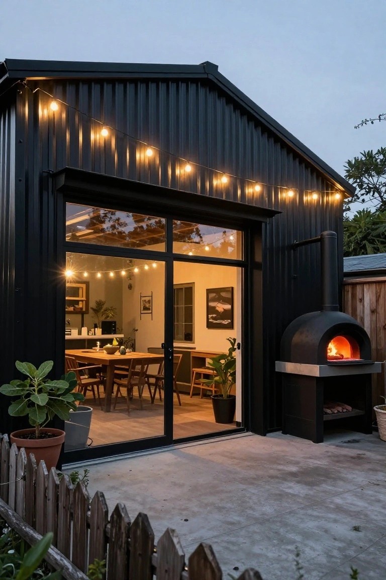 Black corrugated metal shed building at dusk with string lights along the roofline, large open glass doors revealing interior kitchen and dining area, wood-fired pizza oven on adjacent concrete patio, potted plants and wooden fence nearby.