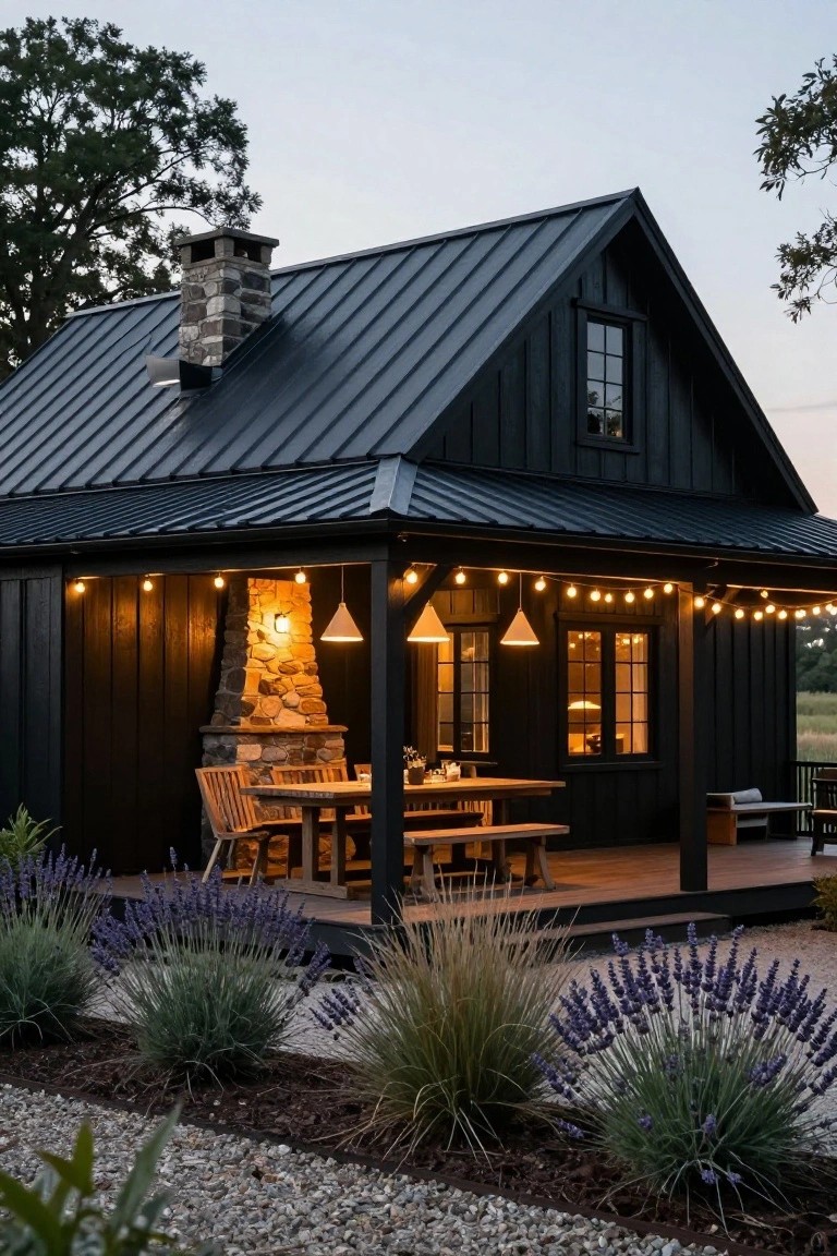 Black wooden house with dark metal roof and stone chimney on covered porch at dusk, string lights and lanterns illuminating wooden dining table and chairs, lavender plants and gravel bordering the deck.