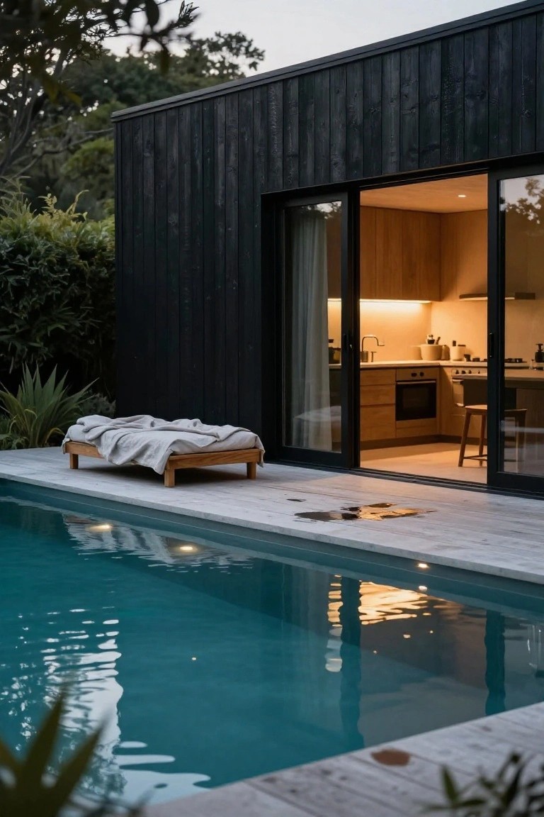 Black timber-clad house exterior at dusk with open sliding glass doors revealing a warmly lit oak kitchen, a low wooden daybed with white linens on a light stone pool deck next to a turquoise pool edged in greenery.