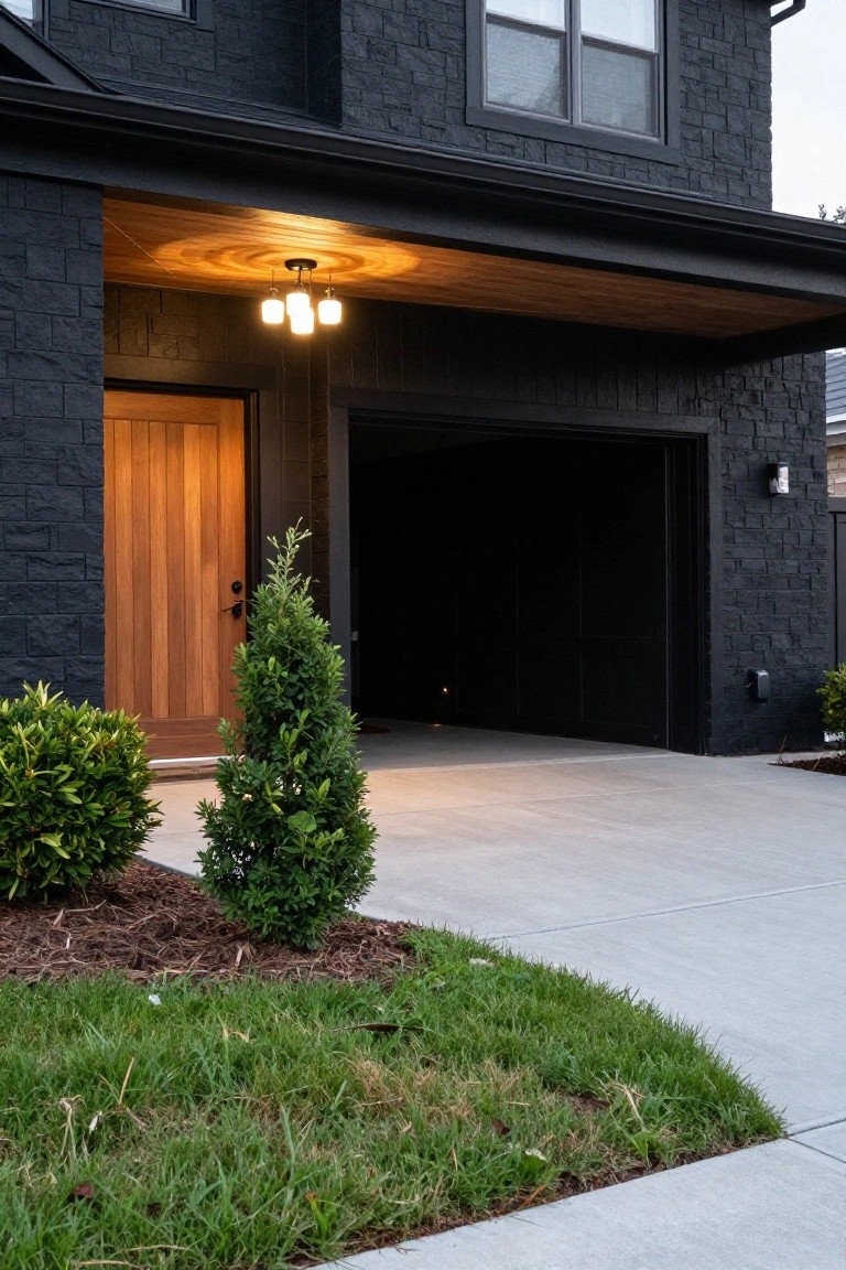 Black brick house exterior at night with open garage, wooden front door, pendant lights over the entry porch, small evergreen shrubs, and concrete driveway.