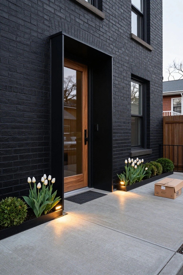 Black brick house exterior at dusk featuring a recessed wooden front door, white tulips and boxwood shrubs in black planters, pathway lights, and a cardboard box on the concrete walkway.