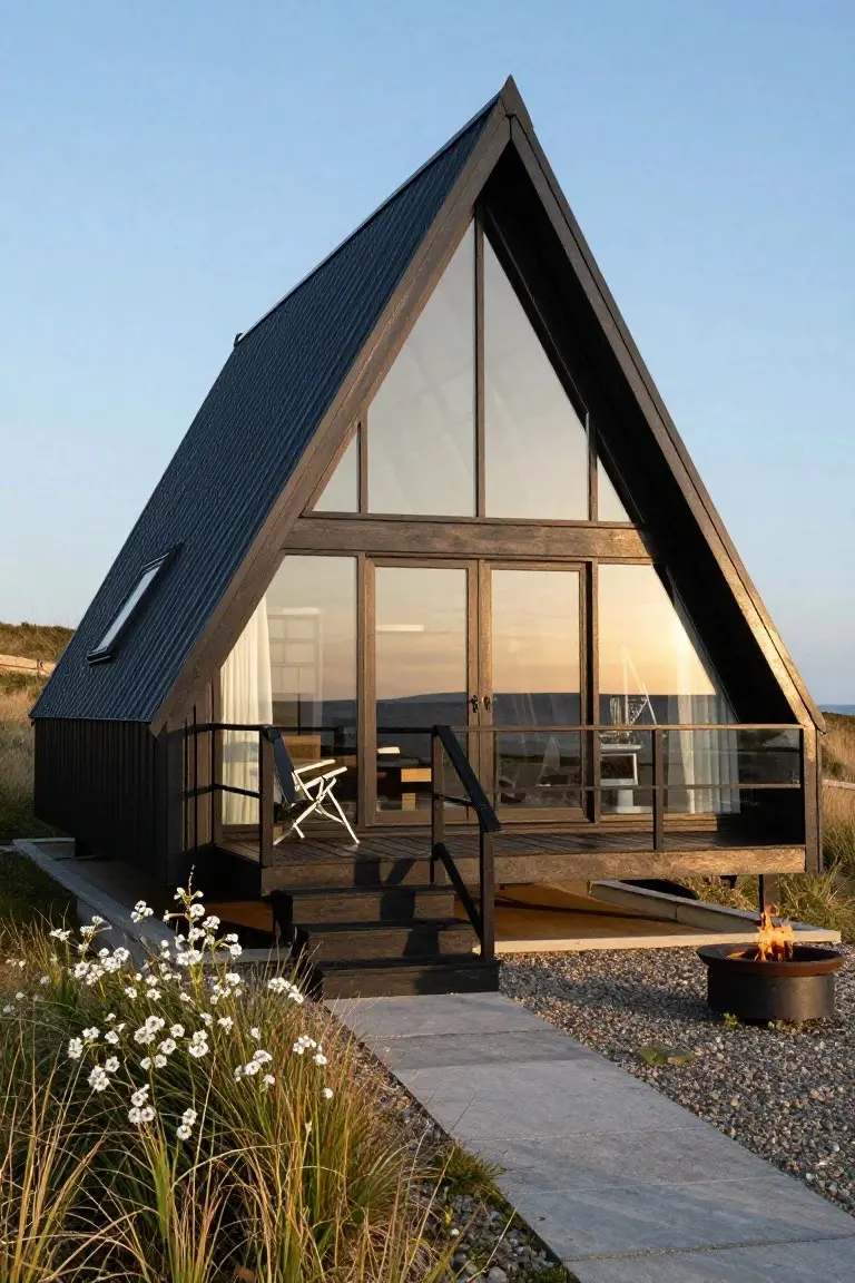 Black A-frame cabin with triangular glass facade and dark wood cladding elevated above coastal dunes, featuring a deck with railing, stairs, fire pit, gravel path, and white flowering grasses nearby.