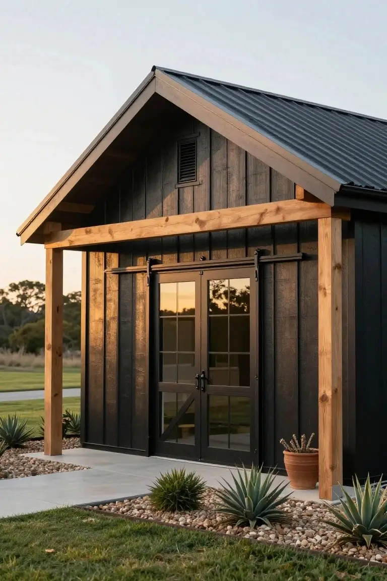 Small gabled black board-and-batten building with metal roof, sliding glass double doors, natural wood porch posts and beam, gravel hardscape, agave plants, and grass at dusk.