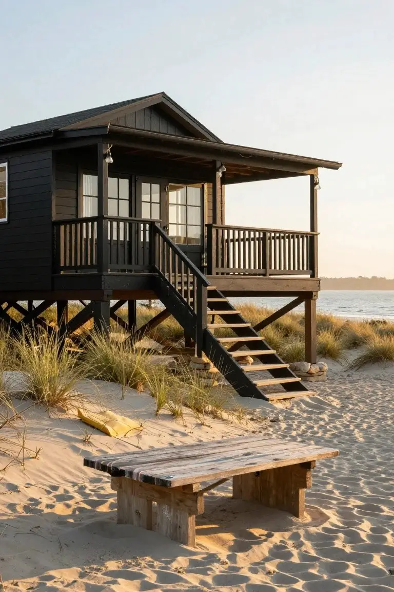 Black wooden beach house elevated on pilings with a covered porch, black stairs descending to sandy beach with sea grass, driftwood bench, and ocean in background.