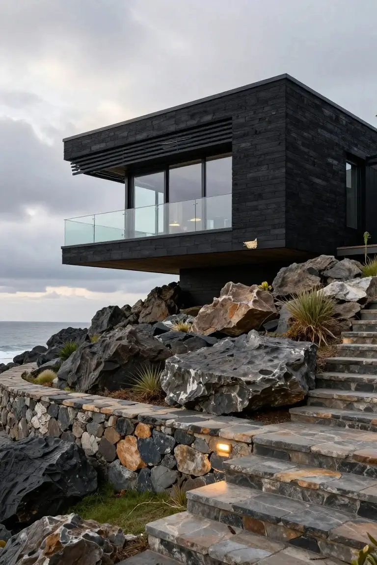 Modern rectangular black brick house with cantilevered glass-walled section overhanging large dark volcanic rocks on a coastal hillside, featuring stone retaining wall, steps, and ocean view.