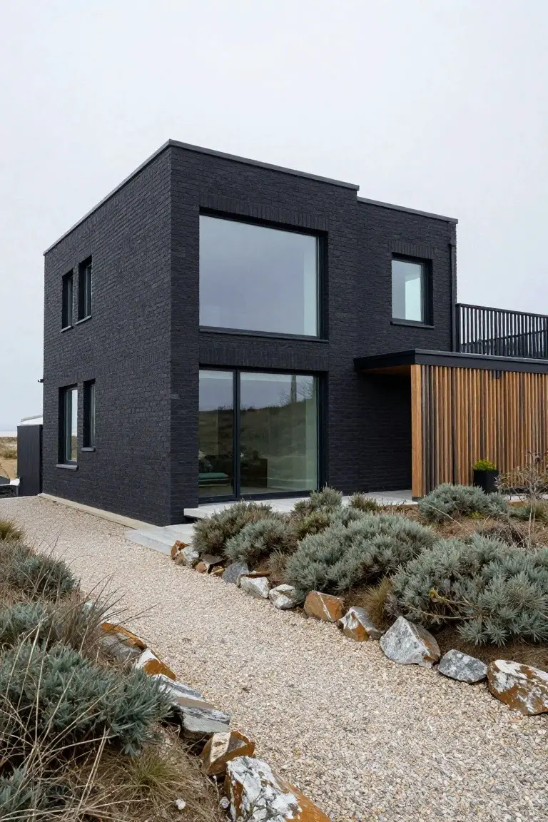 Black brick cube-shaped house with large glass windows and sliding doors on one side, wooden slatted entry canopy, gravel path, and low coastal shrubs with rocks along the edge.