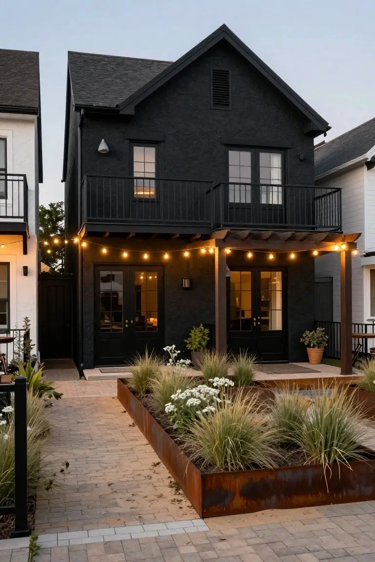 Two-story black stucco house exterior with upper balcony, black-framed windows, wooden pergola over lower French doors, string lights, neighboring white houses, corten steel planters with grasses and white flowers along a brick pathway.