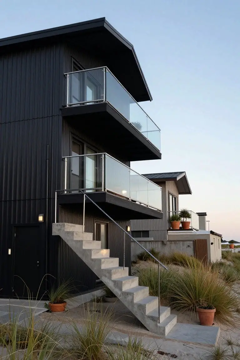 A two-story house with black corrugated metal siding, glass balconies on the upper level, concrete stairs with metal railing leading to a black door, surrounded by beach grasses and sand near the shore.