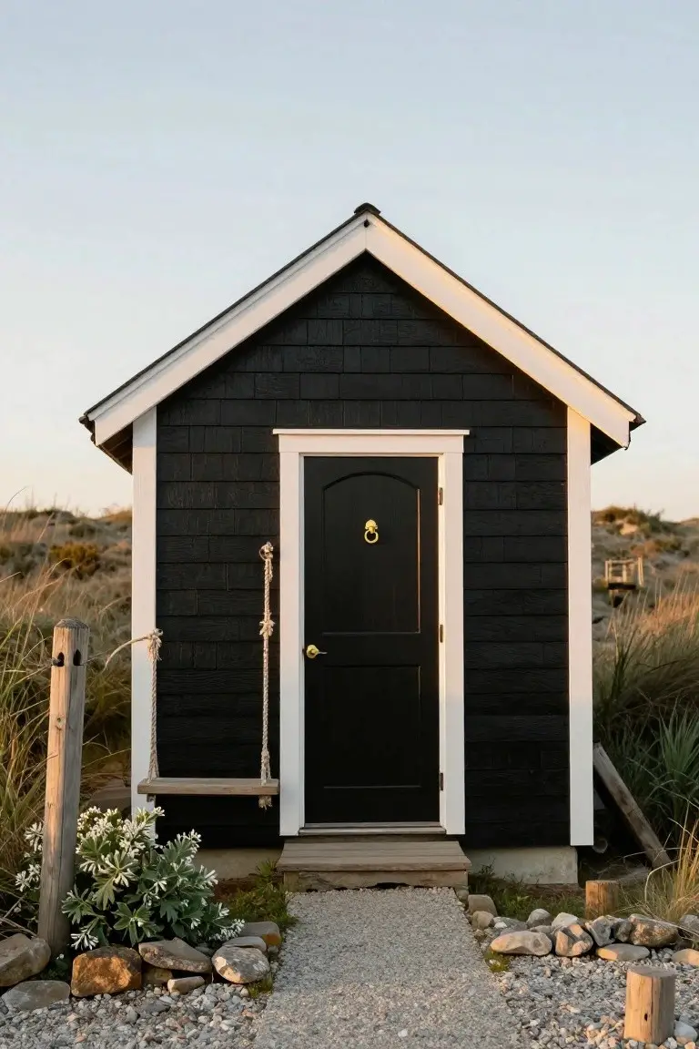 Small black shingled cabin with white trim, arched black front door with gold knocker and brass handle, rope swing on wooden post nearby, gravel path, white flowering plants, rocks, and beach dunes in background.