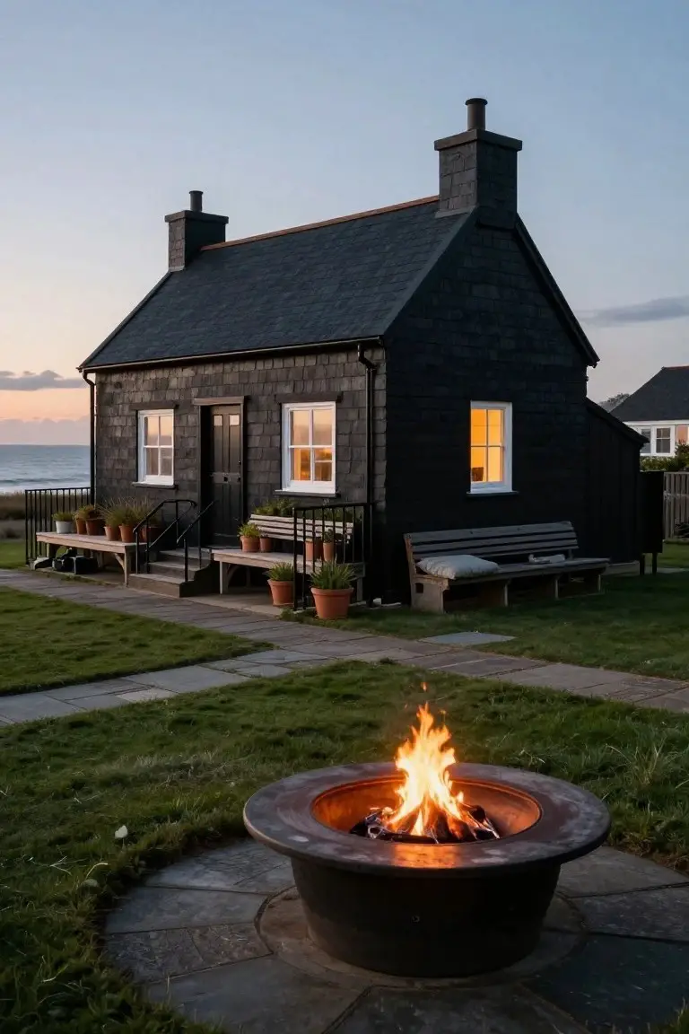 Black shingled cottage with white windows and dark door, front steps with potted plants and wooden benches, fire pit in grassy yard, overlooking ocean at dusk.