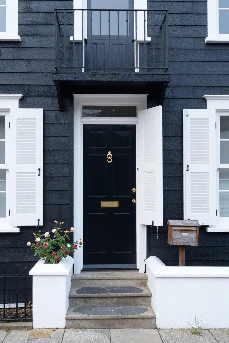 Dark navy shingle-sided house exterior with white shutters flanking a black front door with gold knocker and letter slot, open shutters, pink rose planter in white pot, wooden mailbox on post, and stone steps leading to white pillars.