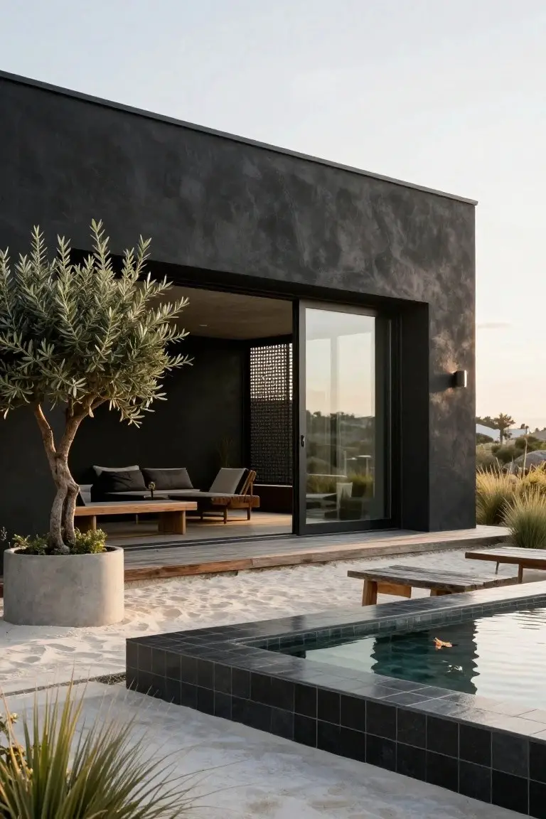 Black textured stucco house exterior with open sliding glass doors to wooden benches and lounge chairs on a deck, olive tree in concrete pot, sandy ground, black-tiled pool, and grasses in coastal setting at dusk
