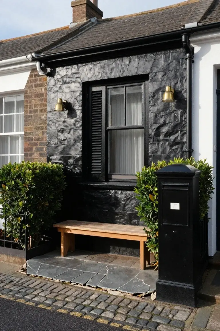 Semi-detached coastal house with black textured wall cladding on right side, white brick on left, shuttered window with brass lanterns, wooden bench between boxwood shrubs, black pillar mailbox, and slate entry on cobblestone street.