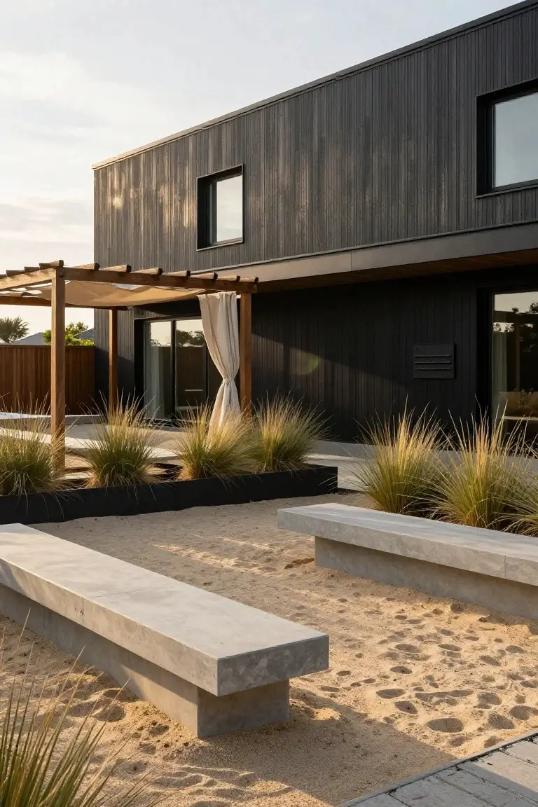 Modern rectangular house with black vertical wood cladding, attached wooden pergola with beige fabric shade and curtains, tall grasses in black planters, concrete benches, and sandy ground in a coastal outdoor area.