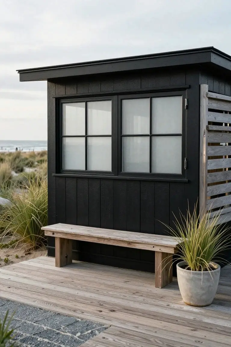 Small black wooden cabin with frosted divided-light windows, slatted wood privacy screen, and bench on a wooden deck near beach dunes and ocean.