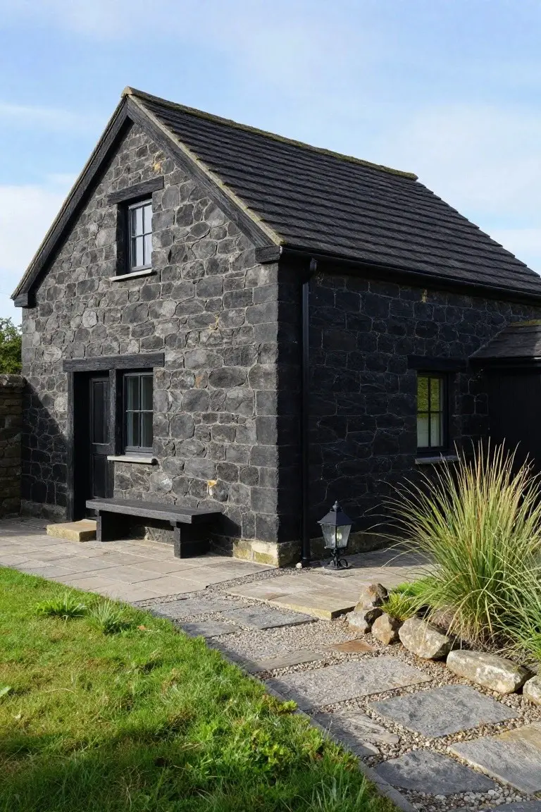 Small black stone house with gabled slate roof, wooden door and windows, bench on stone path, lantern light, ornamental grass, and rocks in yard under blue sky.