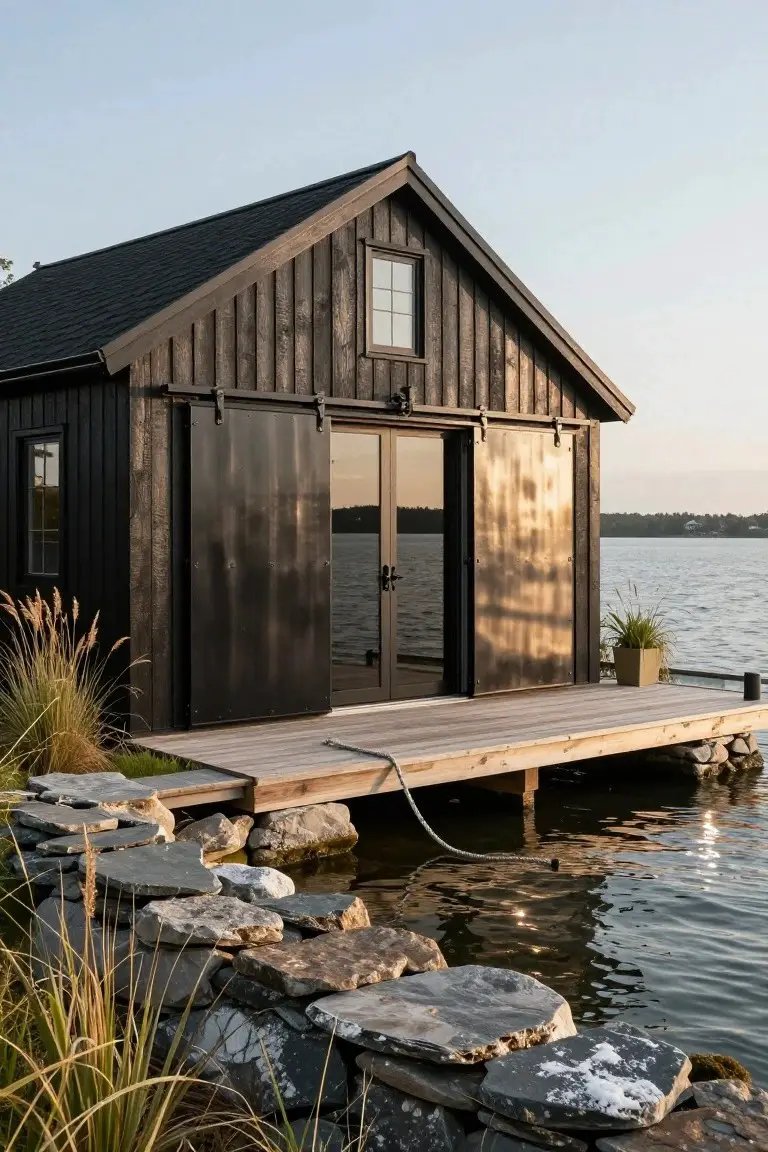 Black wooden boathouse with vertical plank siding and large sliding metal doors on a wooden dock over a lake, edged by rocks and ornamental grasses.