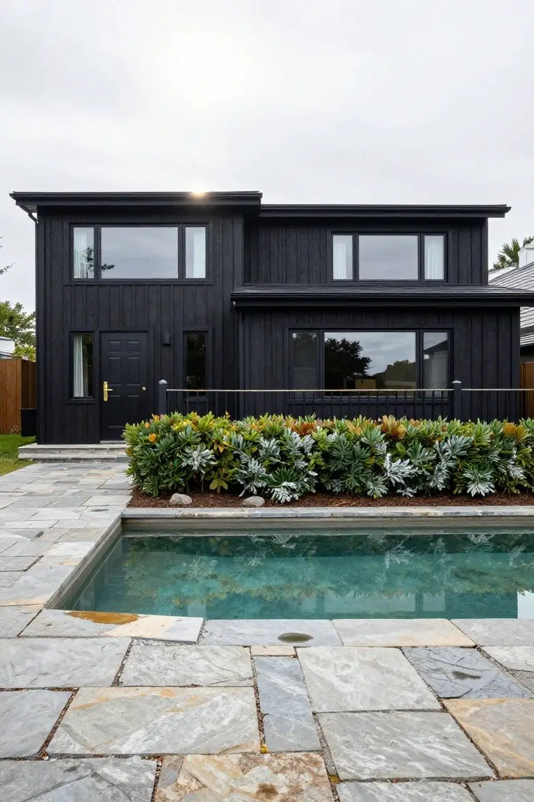 Two-story modern house with black vertical timber cladding, large black-framed windows, black front door, flanked by greenery and a stone-paved path leading to an in-ground pool.