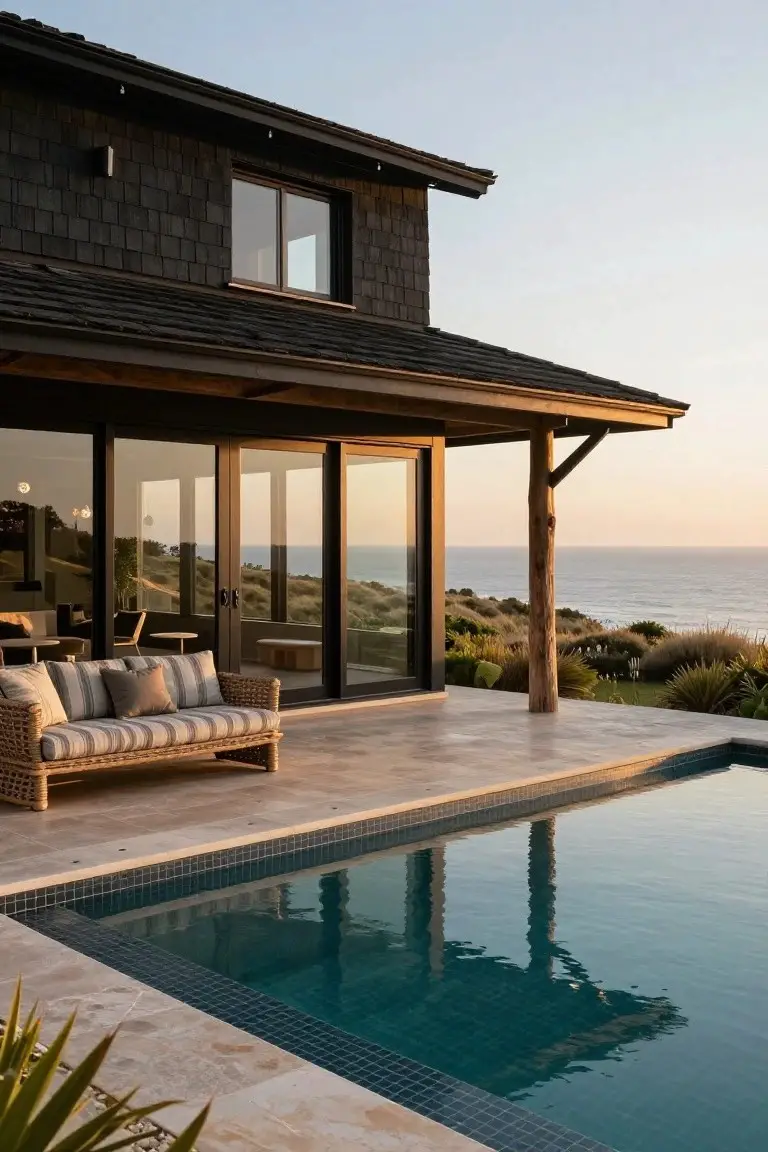 Black shingled house exterior featuring large black-framed sliding glass doors opening onto a travertine terrace with woven sofa, timber support post under roof overhang, turquoise-tiled pool, coastal plants, and ocean view.