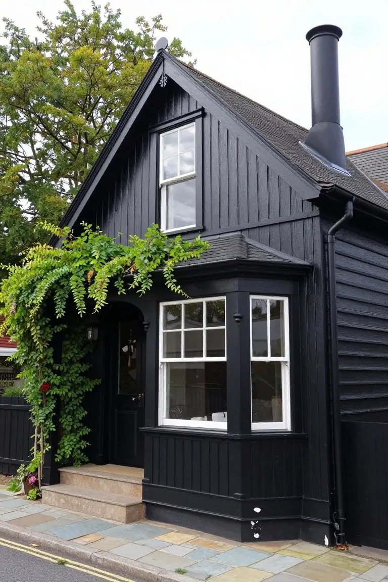 Black painted wooden clad house exterior with gabled roof, tall chimney, white sash windows, bay window, arched front door, climbing green ivy on the facade and porch, potted plants, stone steps, and adjacent street pavement.