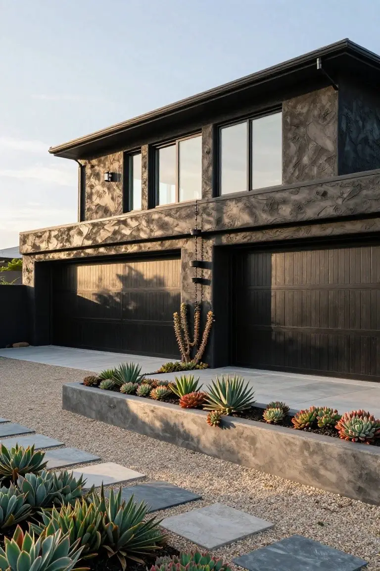 Modern two-story house exterior with black textured render walls, dark vertical wood garage doors, large glass windows, hanging chains, and gravel path edged by succulents and agaves.