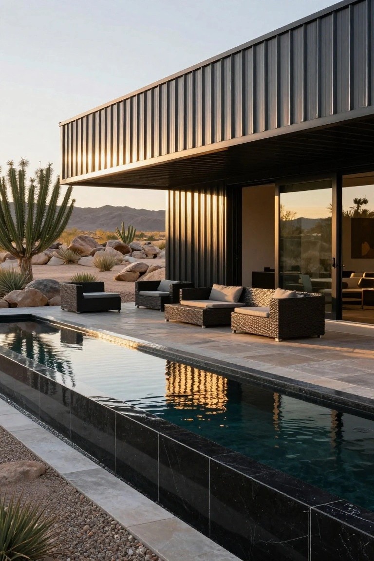 Modern black house exterior featuring corrugated metal siding, cantilevered upper level, large glass sliding doors, wicker outdoor seating, infinity-edge pool with black stone edging, and desert landscape with cacti and boulders at sunset.