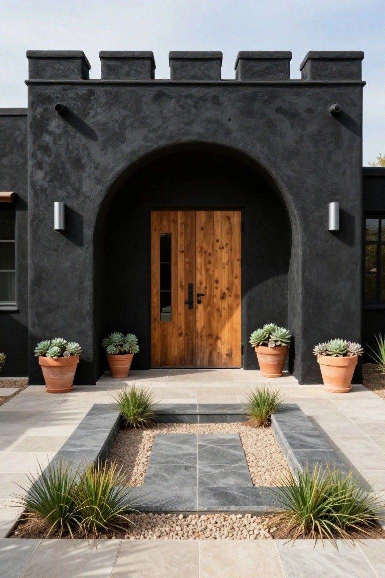 Black stucco house facade with crenellated parapets, arched wooden entry door flanked by terracotta pots of succulents, and a central rectangular planter of gravel and grasses on a light tiled patio.