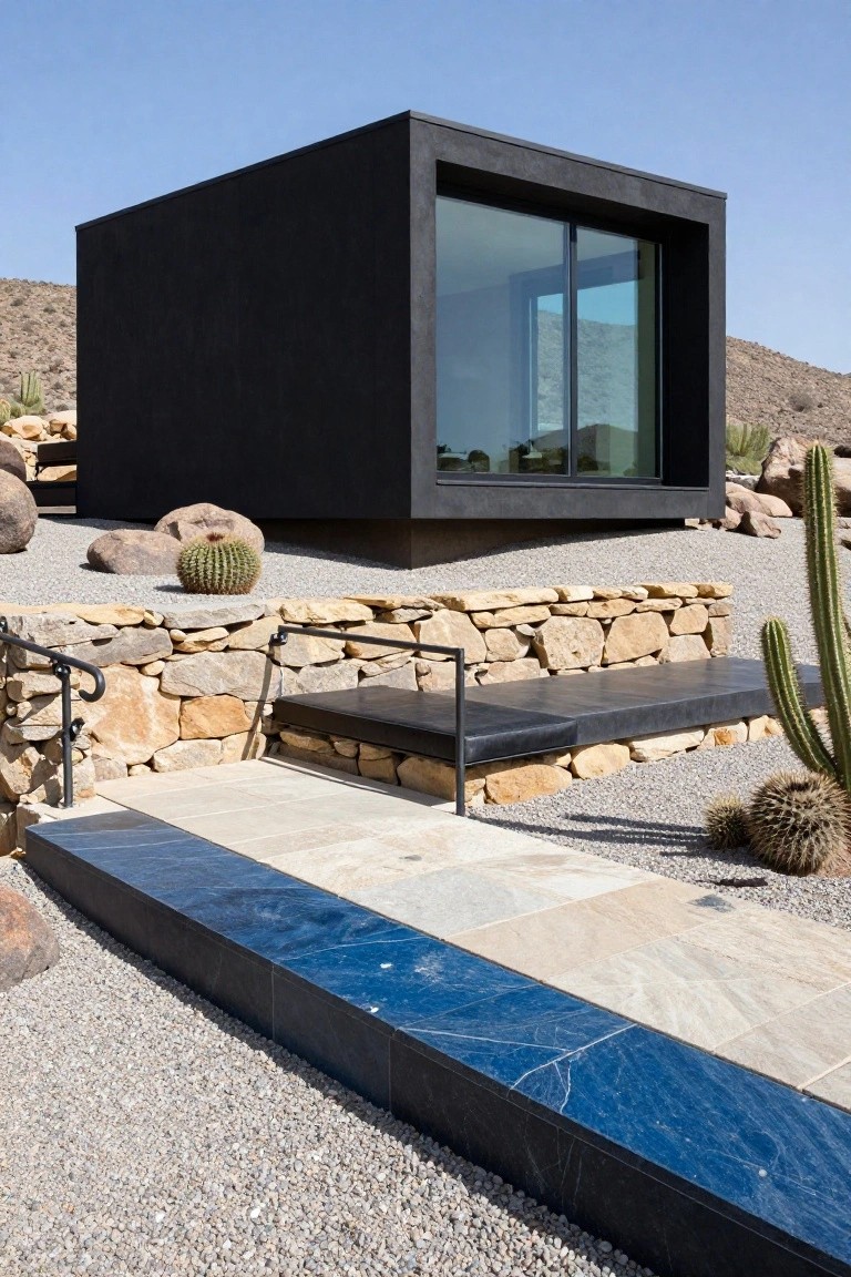 A matte black cubic house with a large frameless glass wall elevated on a dry-stacked stone retaining wall surrounded by desert gravel, rocks, and cacti.