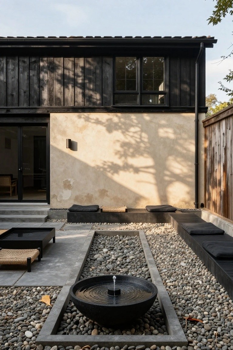 Side exterior of a house with upper black wood siding, lower beige stucco wall, black sliding doors, and an adjacent courtyard of pebbles surrounding a central black circular fountain with built-in black benches and a low rattan chair.