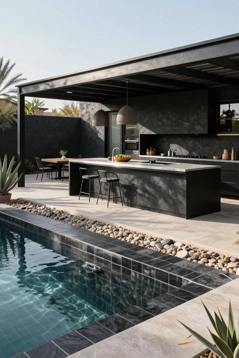 Modern outdoor kitchen featuring black matte cabinets, white countertop island with bar stools, and adjacent rectangular pool with dark tiles and pebble border, under a black pergola structure surrounded by desert plants and stone paving.