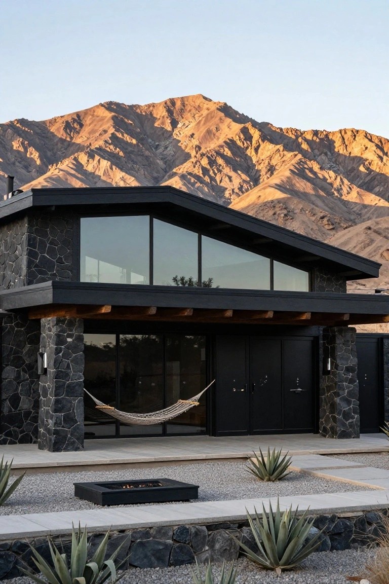 Black stone house exterior with angular roof, large glass corner windows, wooden porch overhang, hammock, double black doors, fire pit, agave plants, gravel ground, and rugged mountains at sunset.