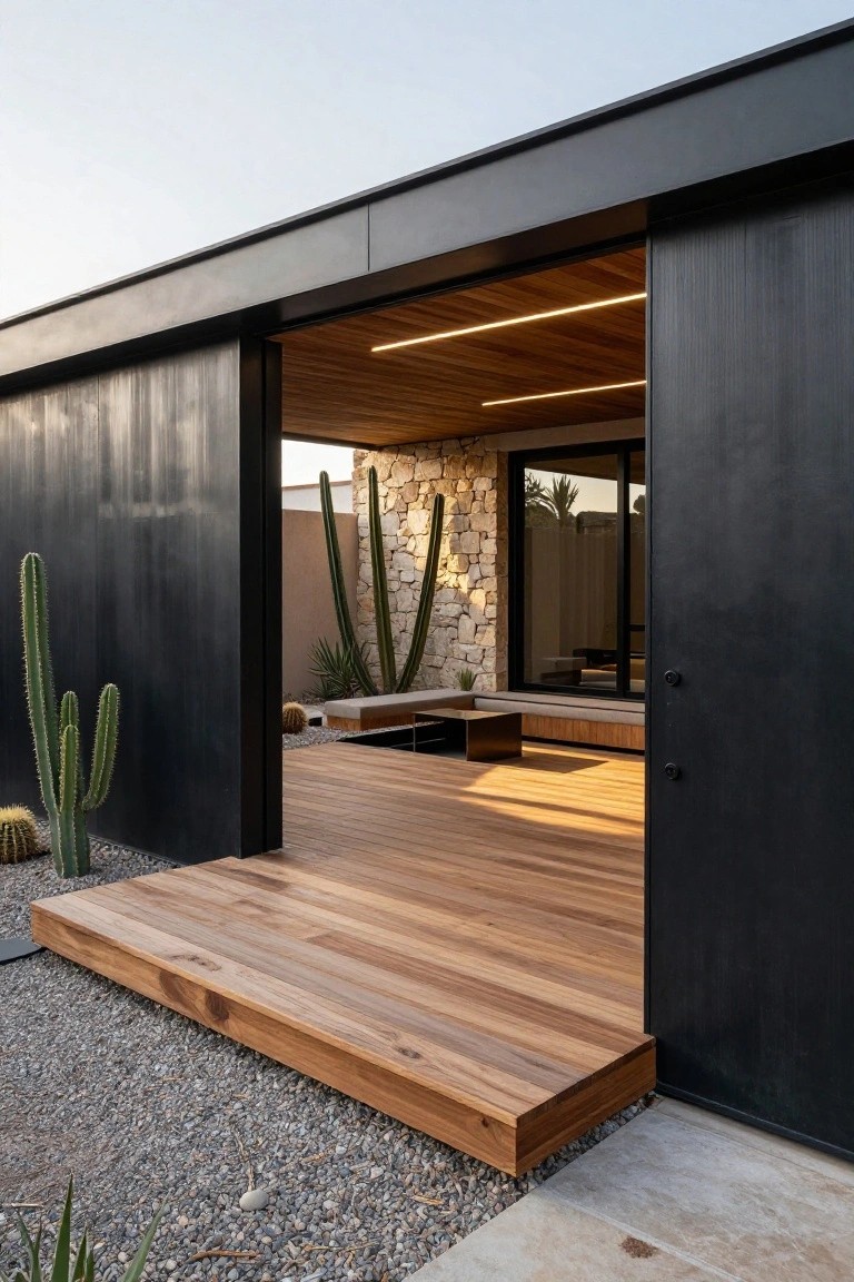 Modern desert home exterior with tall black metal-clad walls, large open sliding black door, wooden deck and ceiling, stone wall, cacti plants, and gravel ground.