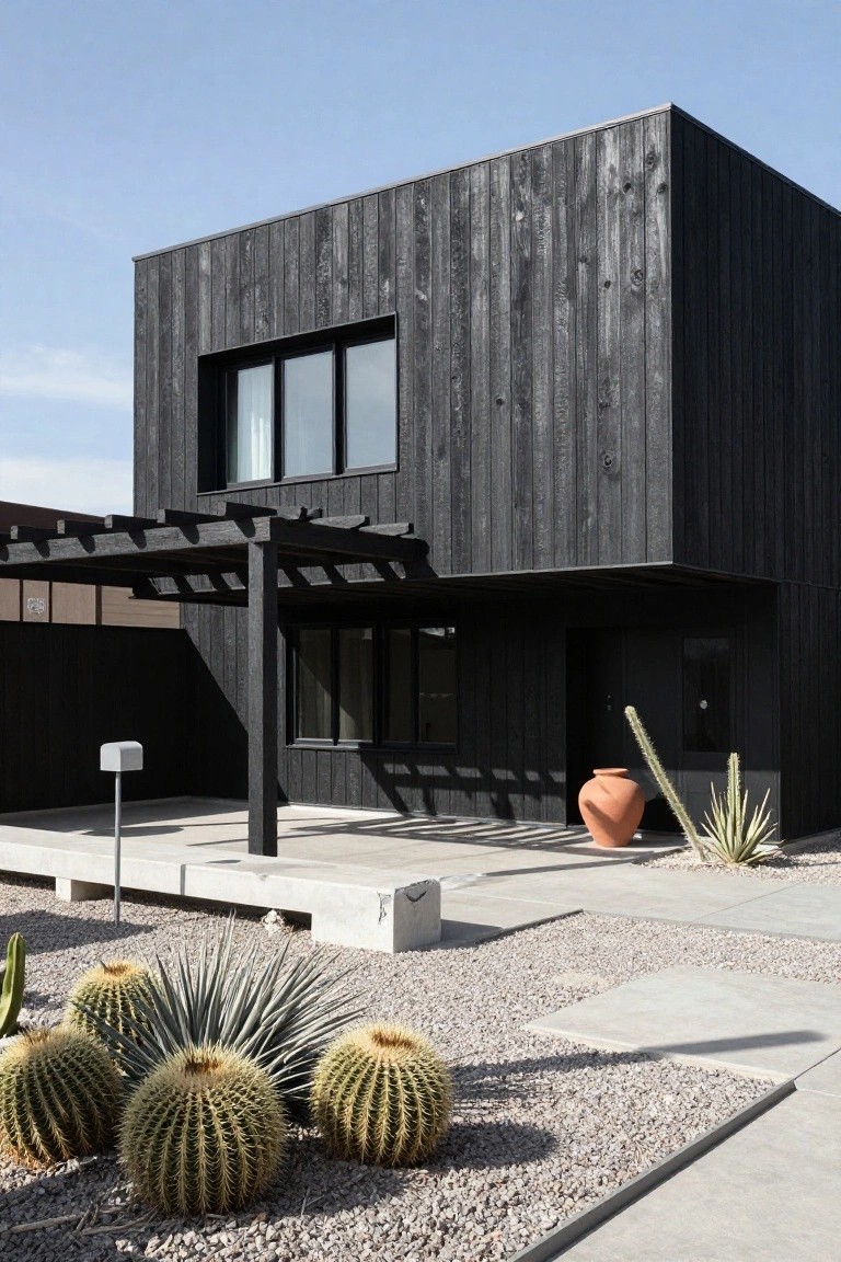 Black charred vertical wood siding on a modern rectangular house exterior with a pergola entry, concrete elements, gravel yard, barrel cacti, agave plants, and a large terracotta pot in a desert setting.
