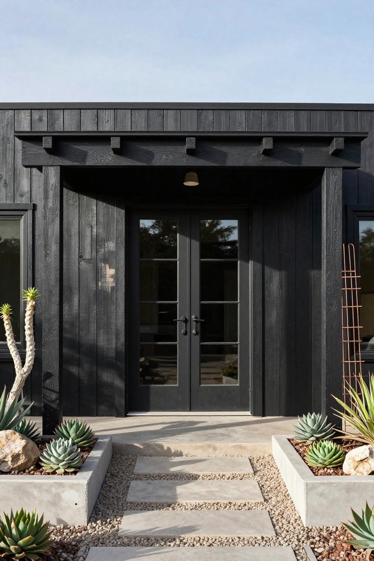Front exterior of a modern house with black vertical wood siding, covered entry porch, black double glass doors, agave plants in concrete planters, and a concrete stone path.