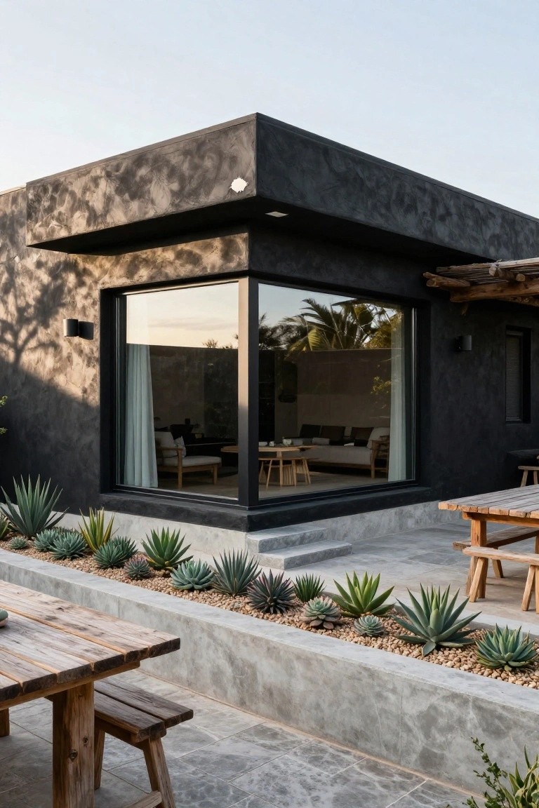 Corner exterior of a black stucco house with large wraparound floor-to-ceiling glass windows showing indoor seating, adjacent stone patio with wooden tables and benches, and raised planters of agave succulents.