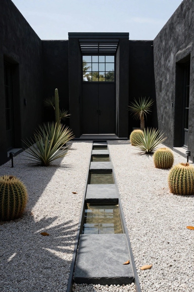 Narrow courtyard with dark stucco walls, central white gravel pathway featuring a linear shallow water channel edged by stone slabs, flanked by barrel cacti and agave plants, leading to black double doors with a large window above.