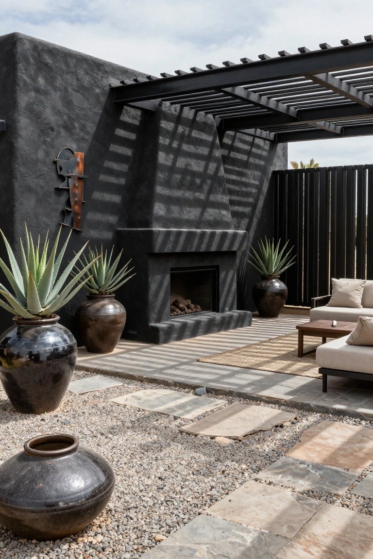 Black stucco outdoor wall with built-in linear fireplace flanked by two large agave plants in black pots, beige L-shaped sofa and wood coffee table on stone pavers and gravel under black metal pergola with shadows.