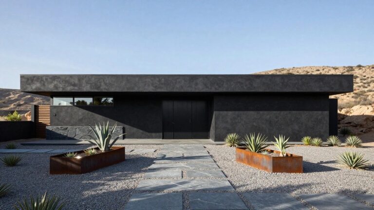 Black stucco modern house exterior in desert setting with vertical wood slat panel beside black entry door, agave plants in rusty metal pots on gravel path with stone pavers, distant hills and blue sky.