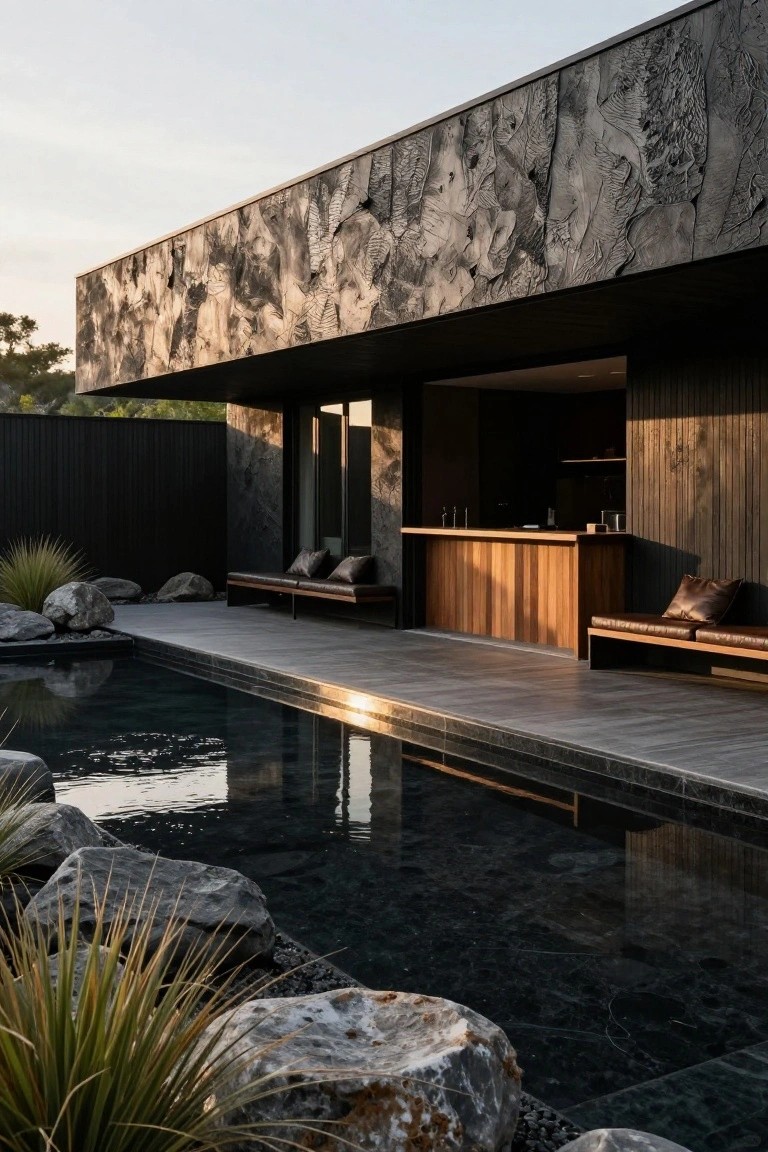 Black modern house exterior featuring textured walls resembling leaves and bark, an open wooden bar area with benches, a dark rectangular pool, large rocks, and grasses beside a wooden fence at sunset.