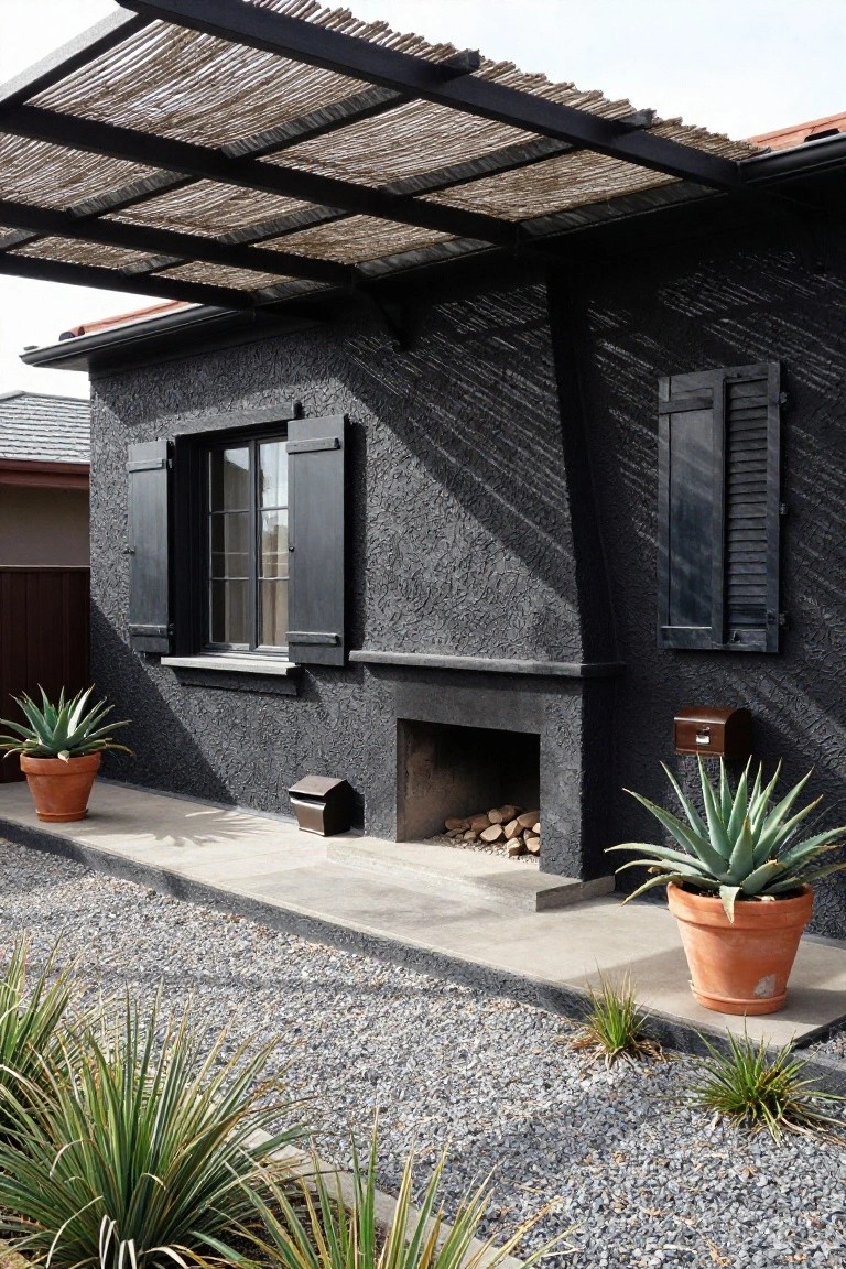 Black textured stucco house exterior wall with a double window and wooden shutters, recessed outdoor fireplace with firewood stack, small metal wood box, brown mailbox, two orange potted agave plants, gravel ground cover, yucca grasses, concrete walkway, and overhead reed-covered metal pergola.