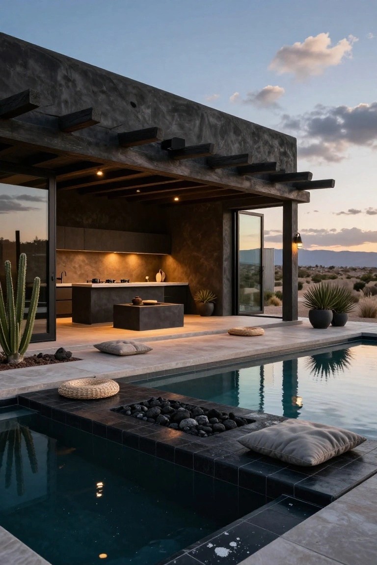 Outdoor kitchen with black cabinets and counters opens to a rectangular pool adjacent to a black-tiled fire pit filled with lava rocks, lounge pillows on the deck, potted cacti, and desert mountains in the background at sunset.