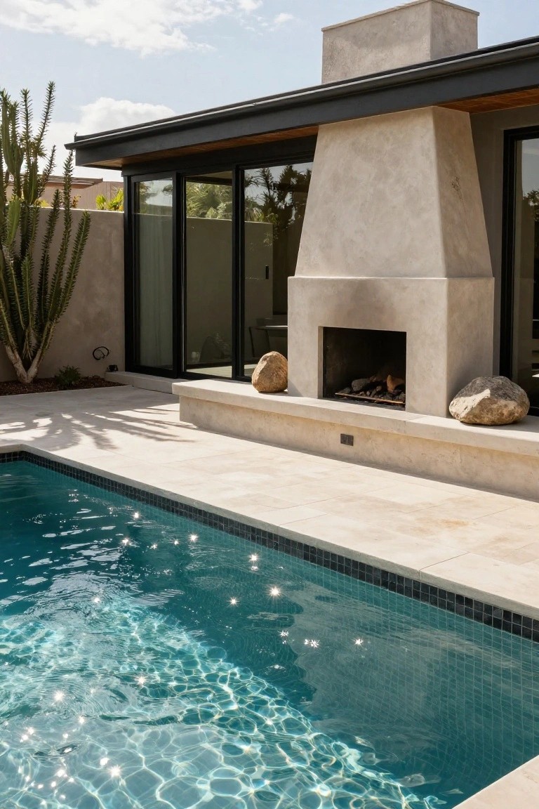 Beige stucco outdoor fireplace integrated into a modern house wall with a gas fire burning inside, large natural rocks on the bench seat beside it, adjacent to a turquoise-tiled pool and desert landscaping with cacti.