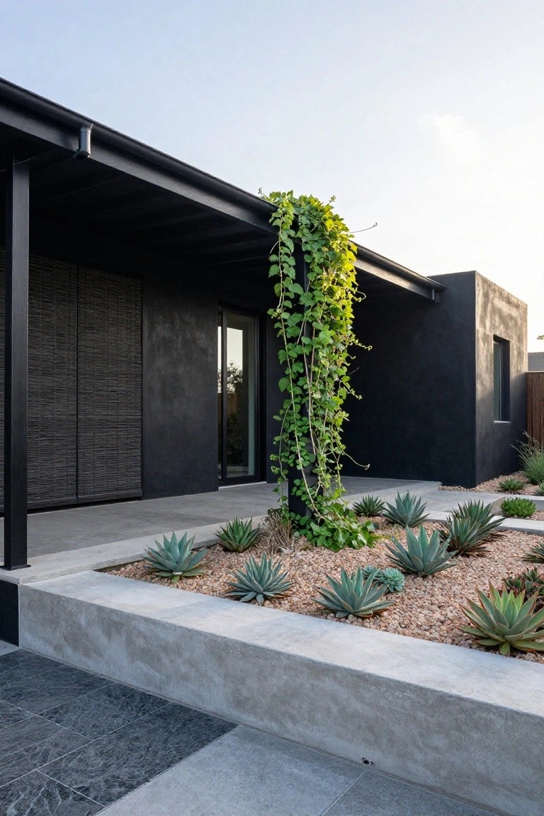 Black stucco house exterior with dark bamboo slat screens, glass entry door under a covered porch, tall green climbing vine on a vertical post, agave plants in gravel bed within concrete retaining wall, and dark stone pavers.