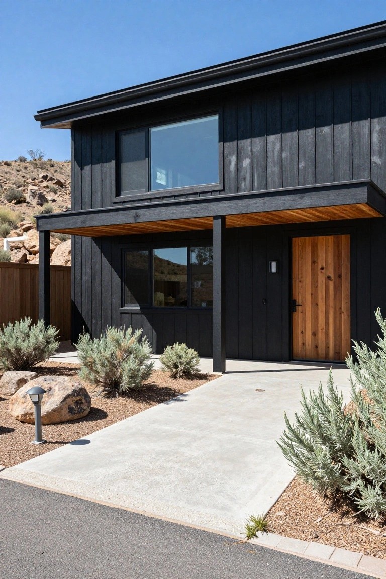 Black wood-sided house exterior in desert landscape with timber porch overhang, wooden front door, concrete walkway, large boulder, pathway light, and native shrubs.