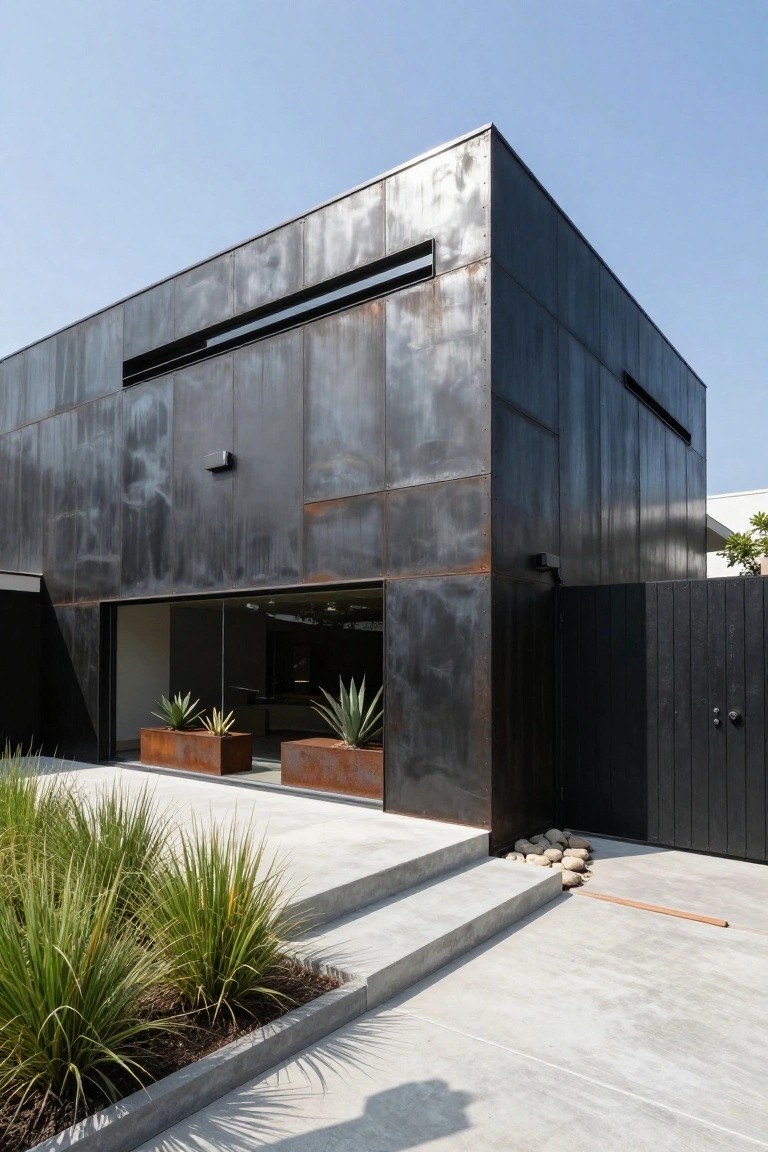 Corner view of a modern house with dark rusted metal panel cladding, large sliding glass doors, agave plants in corten steel planters, low grasses, pebbles, and concrete steps in front.
