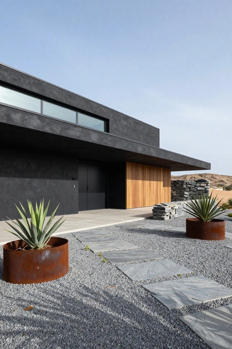 Black stucco modern house exterior in desert setting with vertical wood slat panel beside black entry door, agave plants in rusty metal pots on gravel path with stone pavers, distant hills and blue sky.