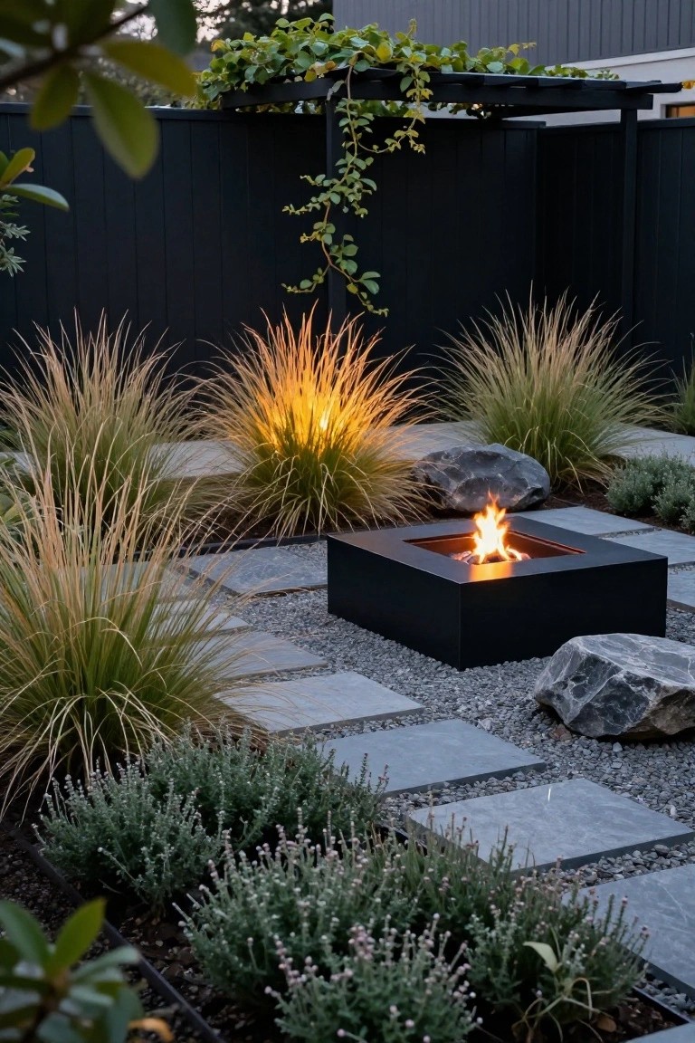 Square black fire pit with flames in a backyard featuring tall ornamental grasses, lavender shrubs, gray pavers, gravel, large boulders, and a dark fence with vine-covered pergola.