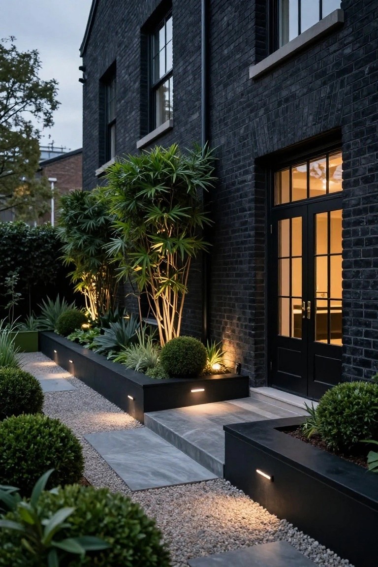 Black brick house exterior at dusk with tall fan palms and agave plants in black raised beds along a gravel path lined with low integrated lights leading to black double doors.
