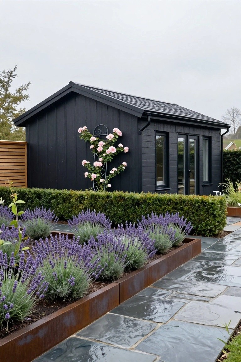 Black wooden garden shed with pink climbing roses growing on a black metal trellis against one wall, flanked by lavender in raised corten steel planters, boxwood hedges, and a slate stone path.